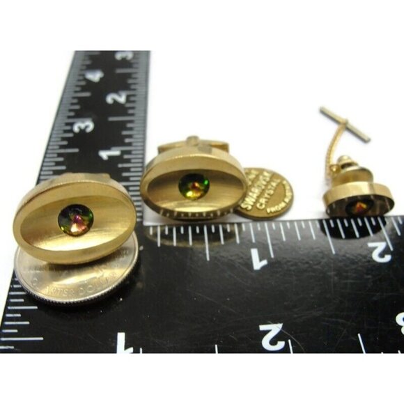 Sarah Coventry Cufflinks Set Swarovski Crystal Gold Tone Wedding Tux Vintage - Picture 10 of 13